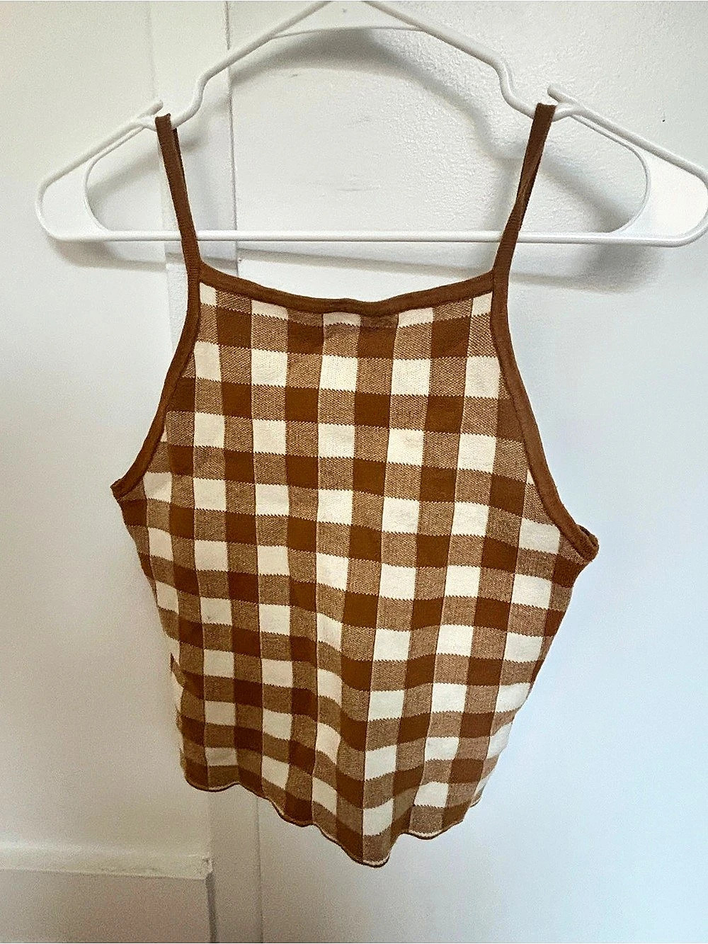 Gingham Spaghetti Strap Tank Top in Brown & White